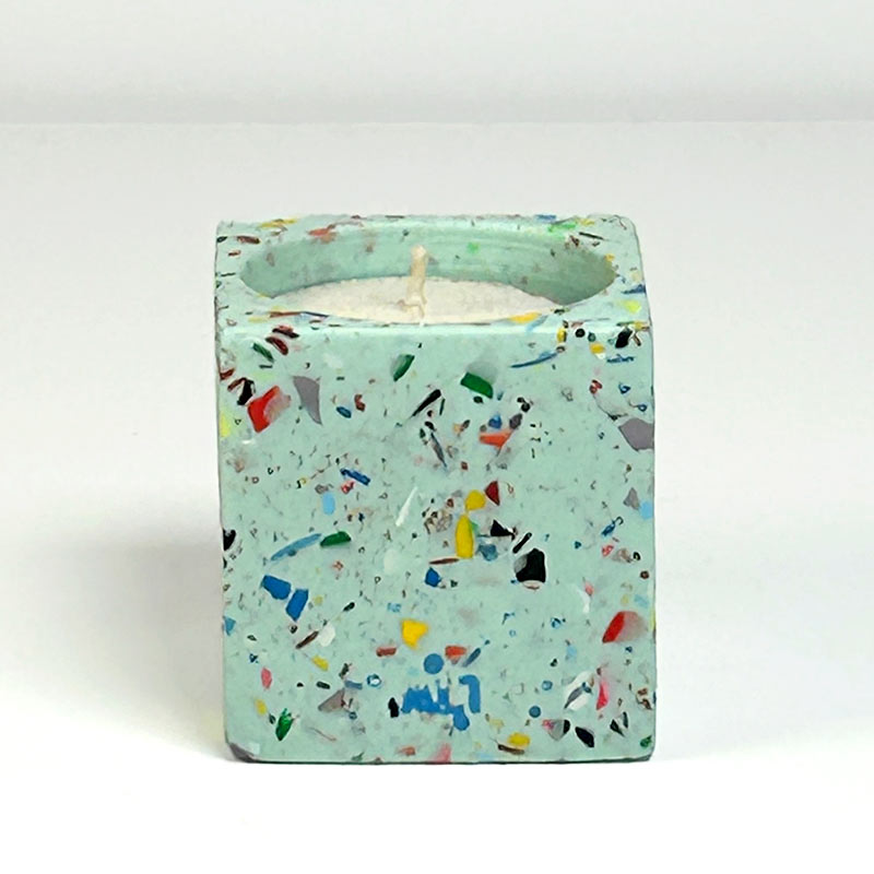Mint Green with colourful rainbow confetti terrazzo rectangular tea light candle holder on a light grey background