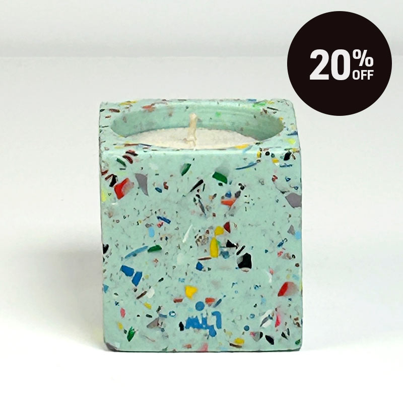 Mint Green with colourful rainbow confetti terrazzo rectangular tea light candle holder on a light grey background with a black '20% OFF' promotional sticker in the top right corner.