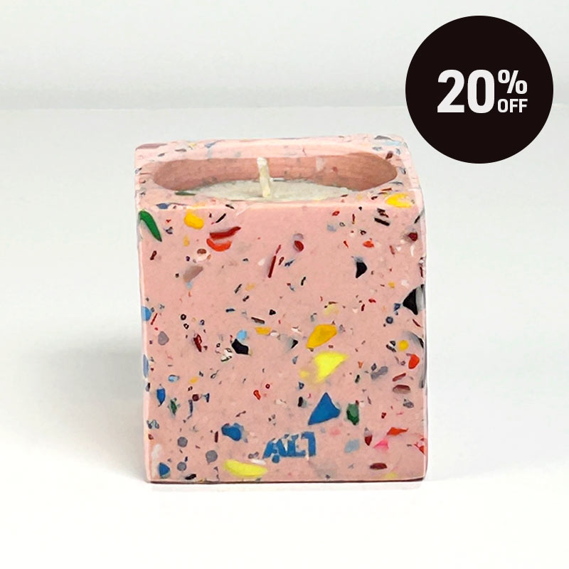Pink with colourful rainbow confetti terrazzo rectangular tea light candle holder on a light grey background with 20% off badge