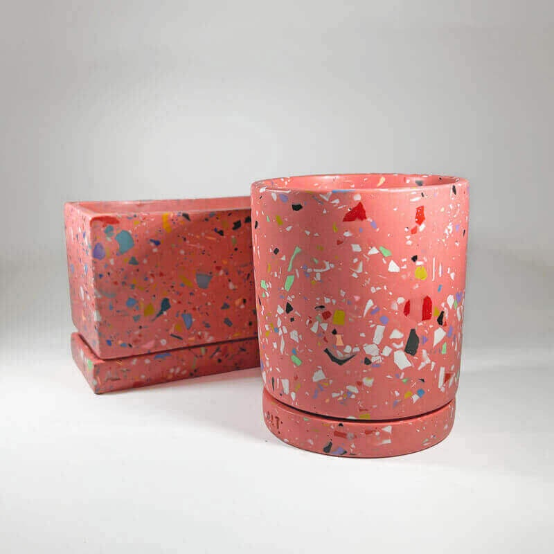 Rectangular Pink Terrazzo Jesmonite Plant Pot – Indoor Planter with Drainage & Saucer