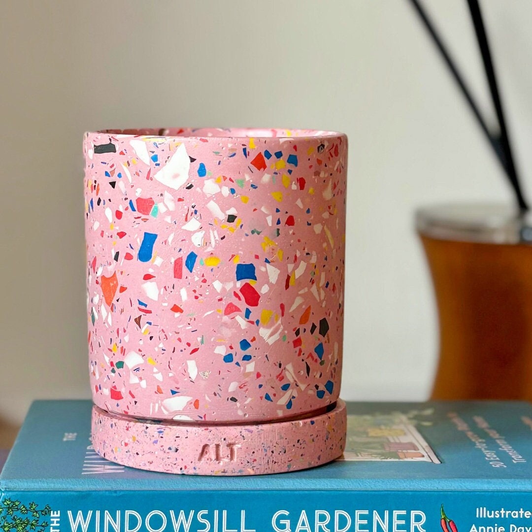 jesmonite plant pot Pink Terrazzo Jesmonite Plant Pot w/ Drainage & Saucer – Maximalist Indoor Planter