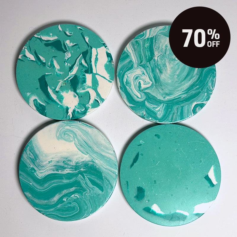 Four round coasters with a teal, white, and mint green marble swirl pattern, arranged in a 2x2 grid on a light gray background with a black '70% OFF' promotional sticker in the top right corner.