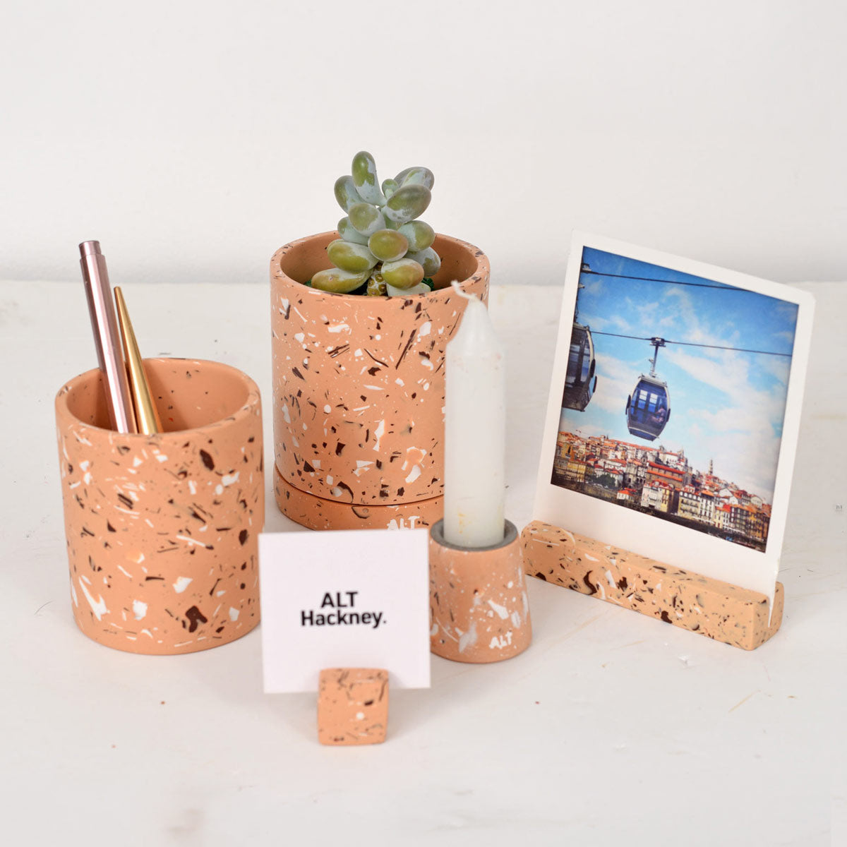 Selection of beige-based ALT Hackney homeware terrazzo range on display