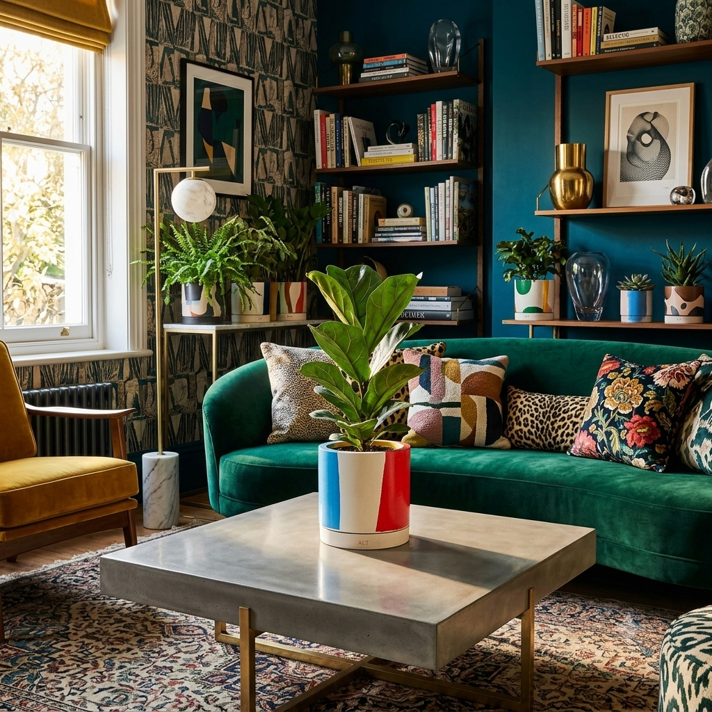 A styled living room featuring a deep emerald green velvet sofa with patterned throw pillows, a square concrete-topped coffee table with gold legs, and a potted green plant in a red, white, and blue striped pot with a matching separate water tray. The room has dark teal walls, dark wood bookshelves, a patterned wallpaper accent wall, and a mustard yellow armchair.