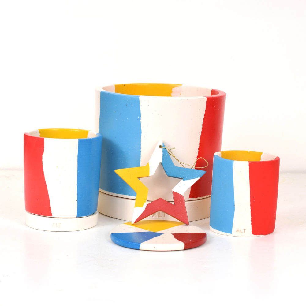 Multi coloured chunky terrazzo plant pots, pen pot, coaster and a Christmas Star