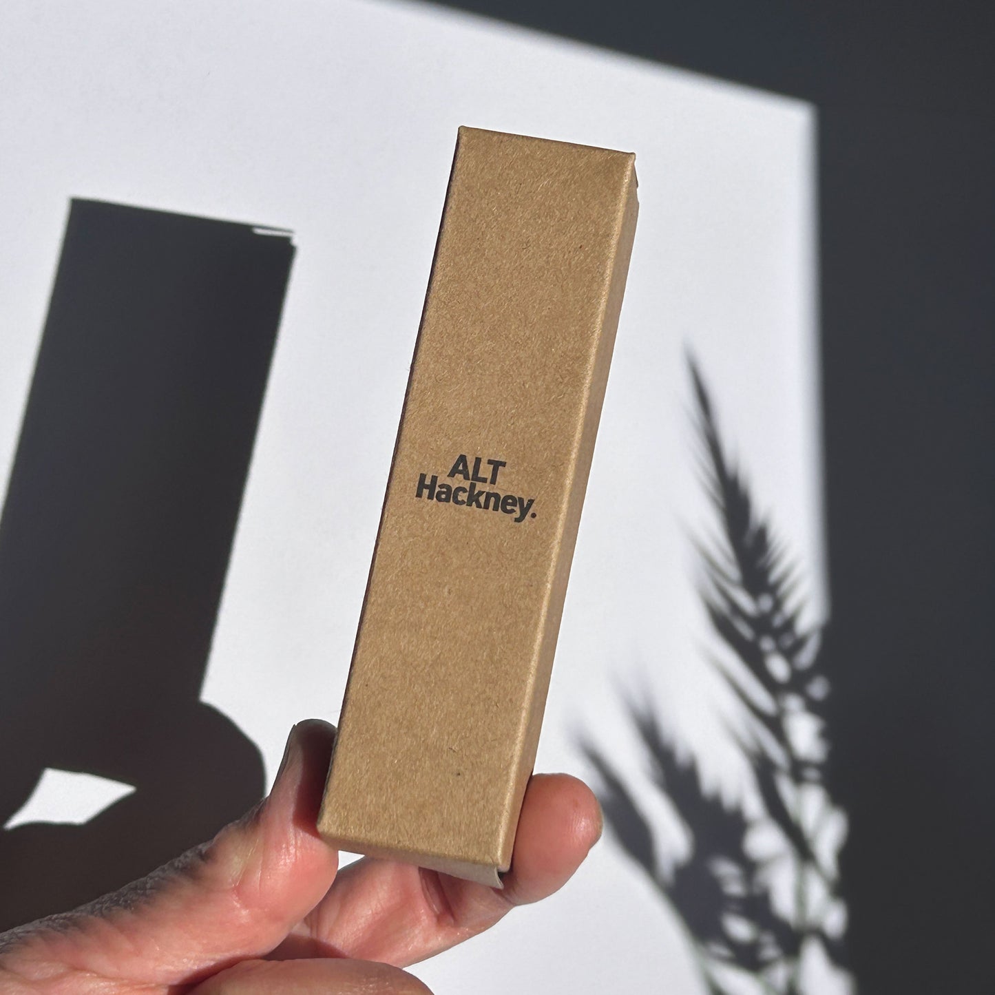 Hand holding a brown eco box with 'ALT Hackney.' branding against a light background