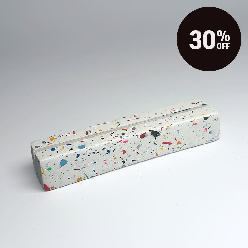 A rainbow terrazzo rectangular photo holder, shown on a light gray background with a black circular '30% OFF' badge in the top right corner.