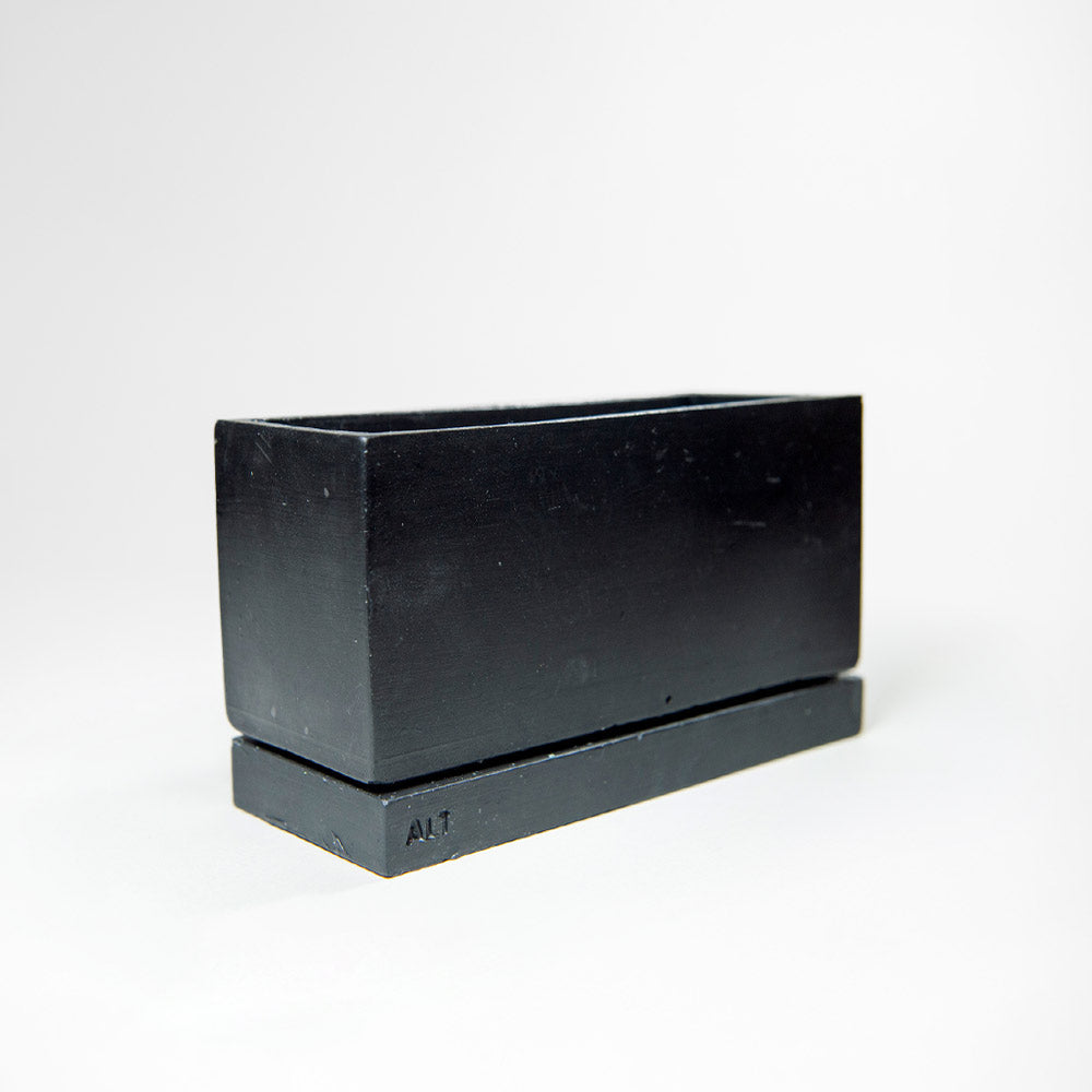 Rectangular black planter with drainage holes and a water tray box with 'ALT' branding on a white background