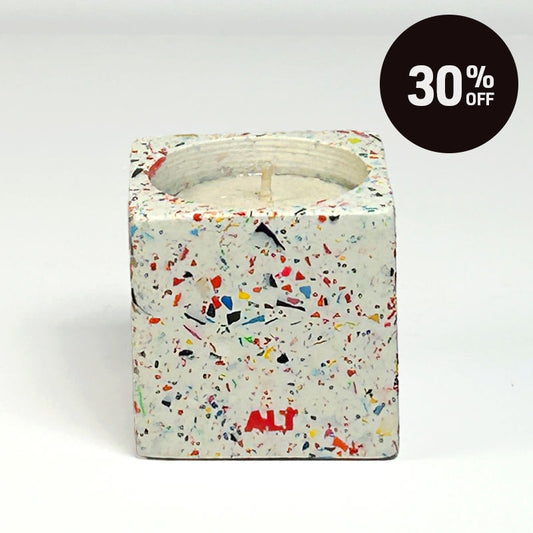 Colourful rainbow confetti terrazzo rectangular tea light candle holder on a white background. A black circular '30% OFF' promotional sticker is in the top right corner.