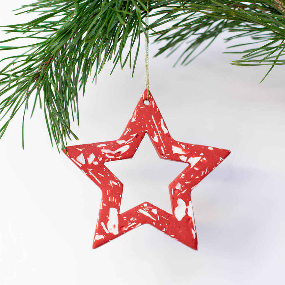 Red Terrazzo Large Star Christmas Ornament – Handmade Jesmonite Tree Decoration, Maximalist Festive Decor, Made in London