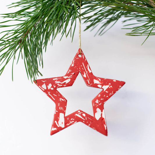 Red Terrazzo Large Star Christmas Ornament – Handmade Jesmonite Tree Decoration, Maximalist Festive Decor, Made in London