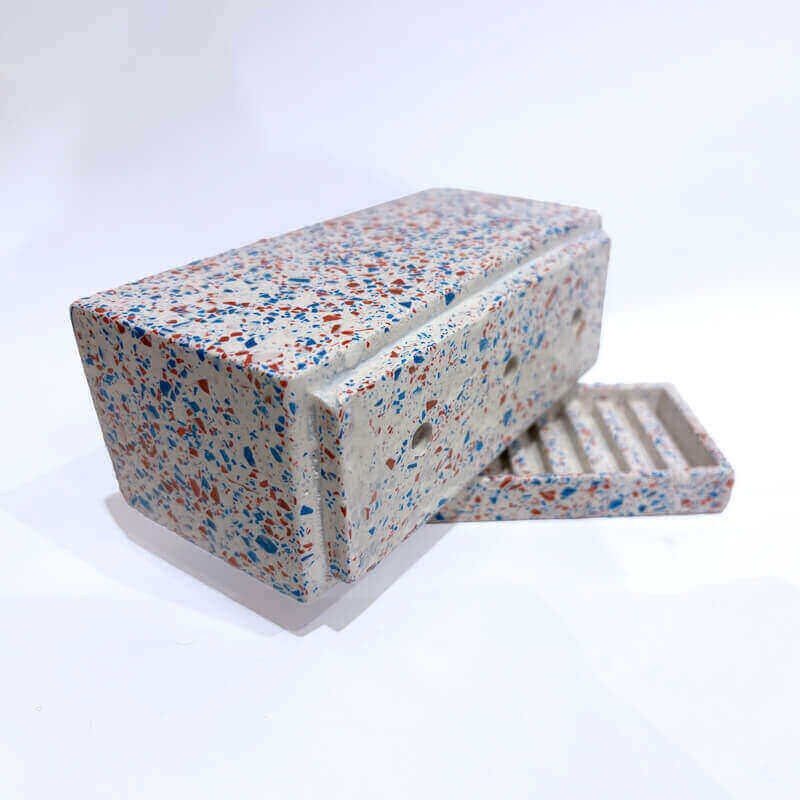 Rectangular Blue & Red Terrazzo Jesmonite Plant Pot – Indoor Planter with Drainage & Saucer