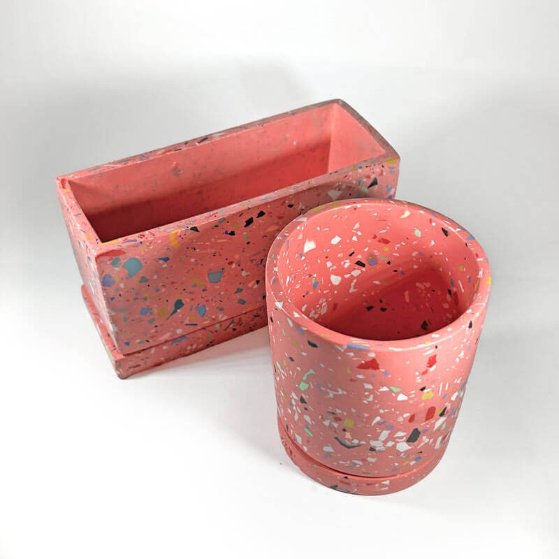 Rectangular Pink Terrazzo Jesmonite Plant Pot – Indoor Planter with Drainage & Saucer