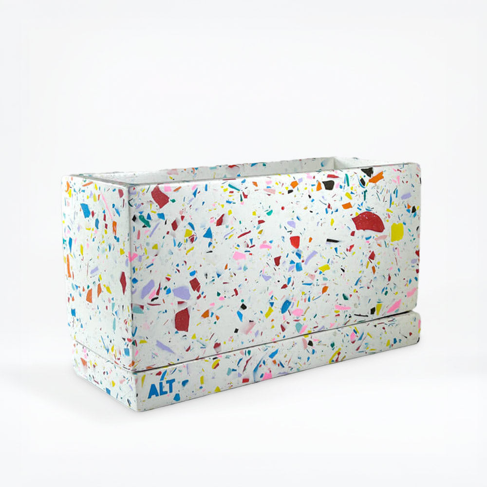 Large Rectangular Rainbow Terrazzo Jesmonite Plant Pot – Indoor Planter with Drainage holes & Saucer on a white background 