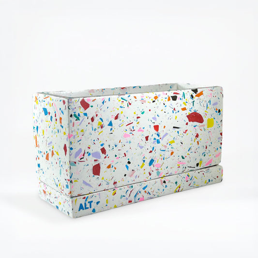 Large Rectangular Rainbow Terrazzo Jesmonite Plant Pot – Indoor Planter with Drainage holes & Saucer on a white background 