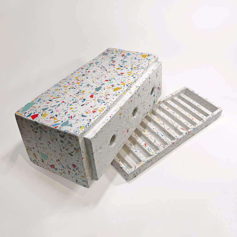 Large Rectangular Rainbow Terrazzo Jesmonite Plant Pot – Indoor Planter with Drainage holes & Saucer on a white background 