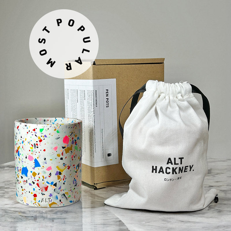 Colourful terrazzo pen pot with ALT HACKNEY branded gift box and white drawstring bag