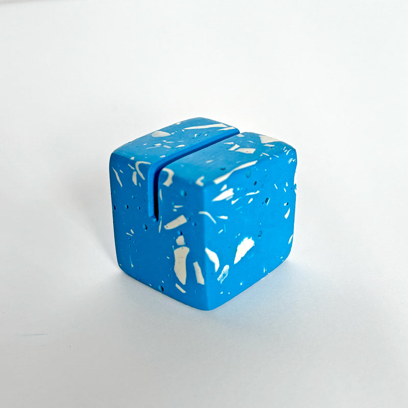 Light Blue terrazzo square photo holder on a white background