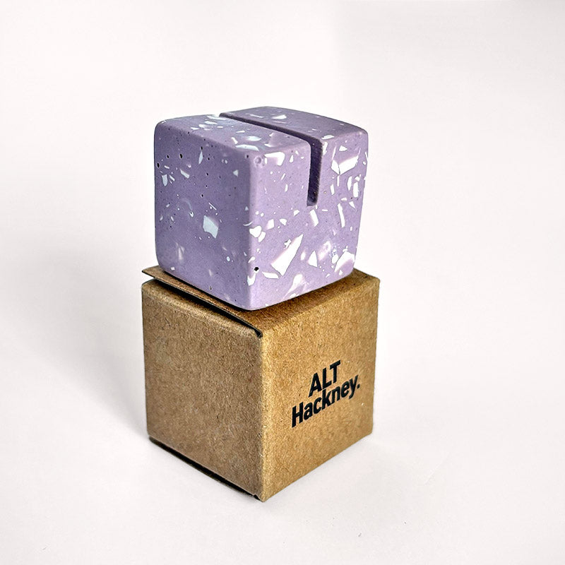 Lilac terrazzo square photo holder on an eco brown box with 'ALT Hackney' branding
