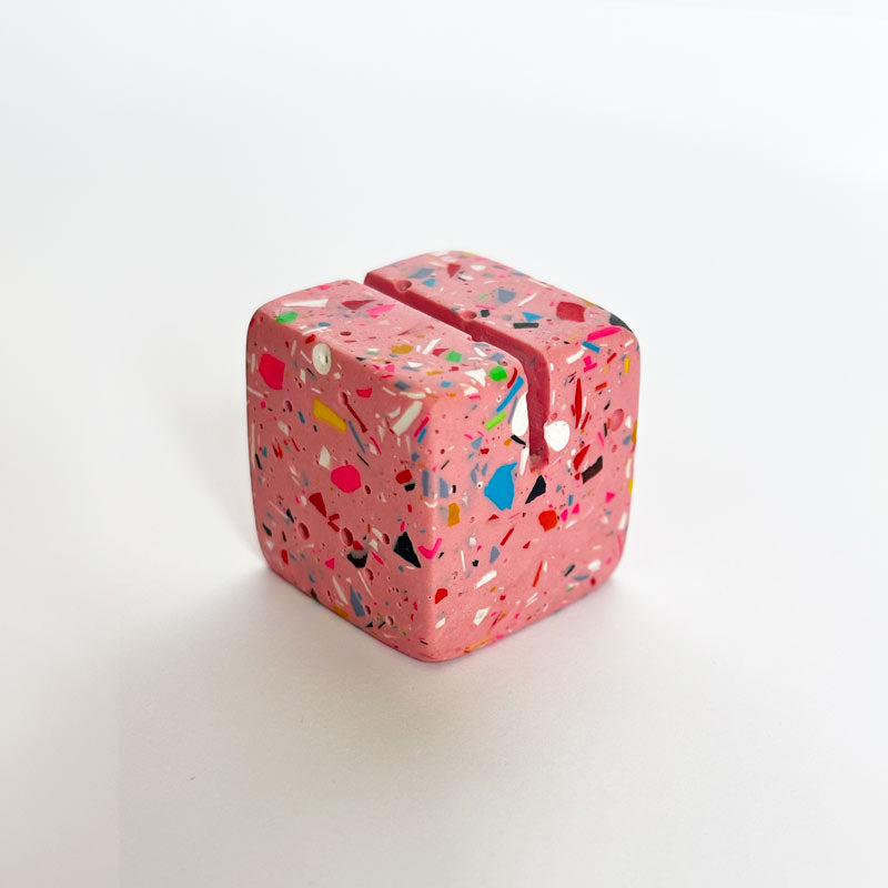 Pink Photo Holder with colourful rainbow terrazzo on a white background