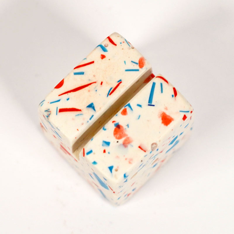 White with red & blue terrazzo small square photo holder on a white background