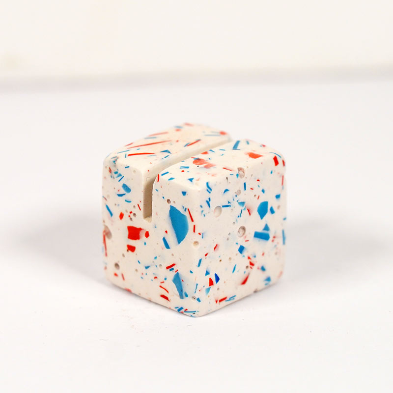 White with red & blue terrazzo small square photo holder on a white background