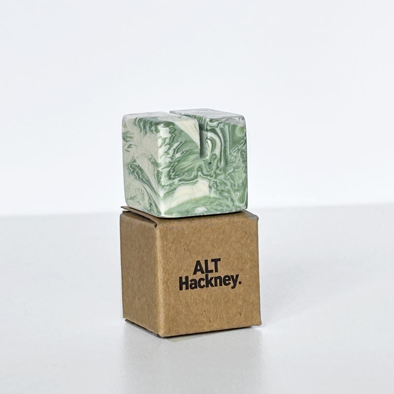 Moss Green marble patterned photo holder on a brown box with "ALT Hackney" logo on white background