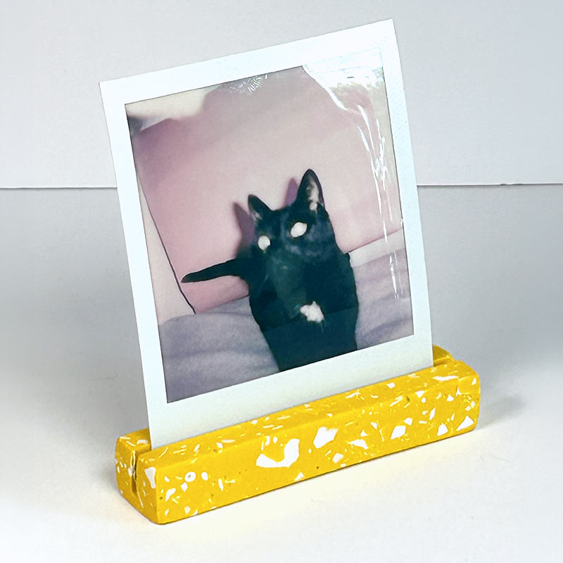 A yellow terrazzo-patterned photo stand holding a vertical instant photograph of a black cat, set against a plain light gray background.