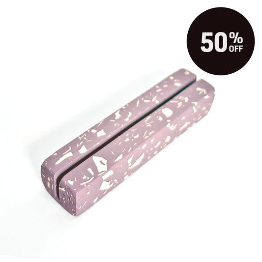 Lilac rectangular photo holder with white terrazzo on a white background with a black circular '50% OFF' promotional badge in the top right corner.