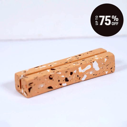 A brown, beige and white terrazzo-patterned long photo holder on a clean white background with a black promotional badge in the top right reading 'UP TO 75% OFF'.