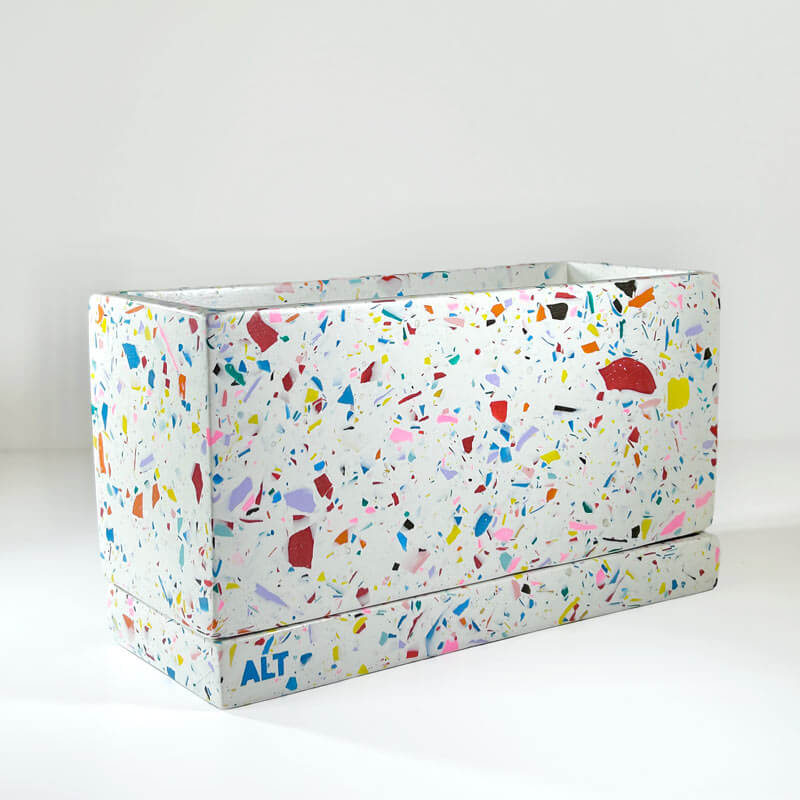 Large Rectangular Rainbow Terrazzo Jesmonite Plant Pot – Indoor Planter with Drainage holes & Saucer on a white background 