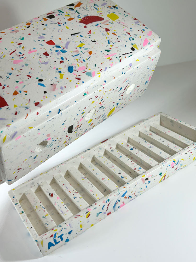 Large Rectangular Rainbow Terrazzo Jesmonite Plant Pot – Indoor Planter with Drainage holes & Saucer with "ALT" branding on a white background 