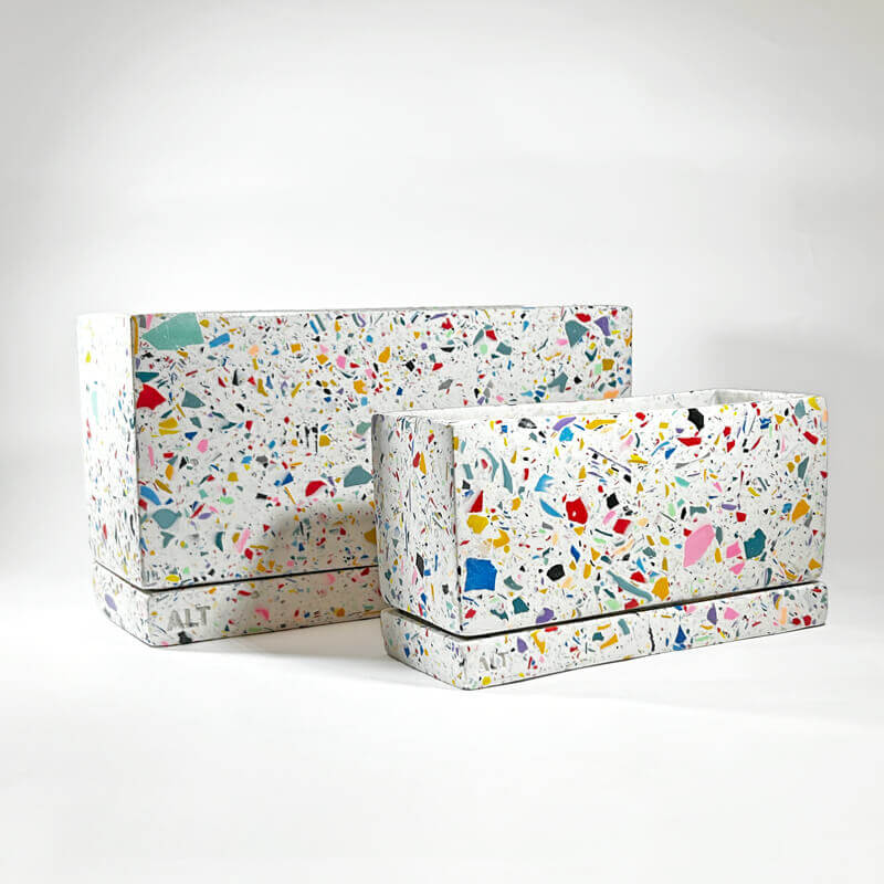 Two Large Rectangular Rainbow Terrazzo Jesmonite Plant Pots with Drainage holes & Saucer on a white background 