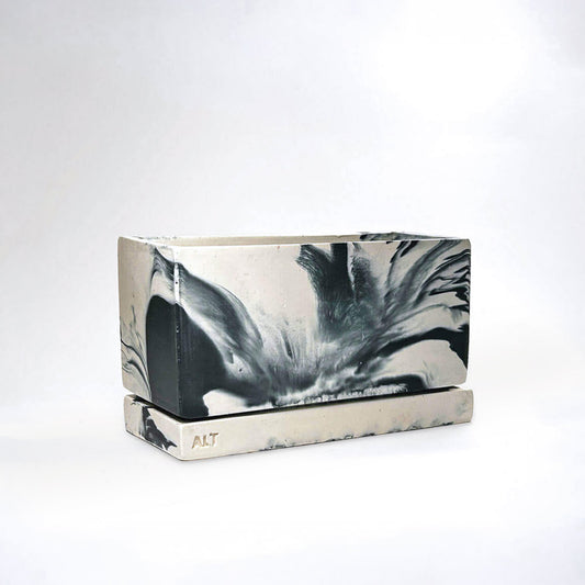 Marble-patterned rectangular navy plant pot with drainage holes and a water tray ALT' branding on a white background