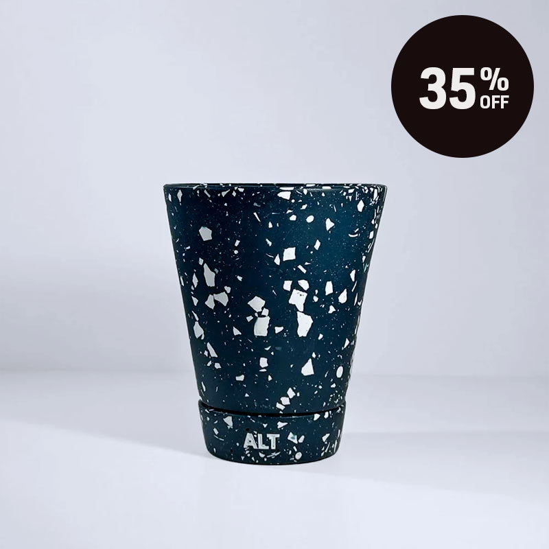 Navy terrazzo planter pot with 'ALT' branding on a light grey background with a '35% OFF' promotional badge in the top right corner.