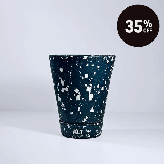 Navy terrazzo planter pot with 'ALT' branding on a light grey background with a '35% OFF' promotional badge in the top right corner.