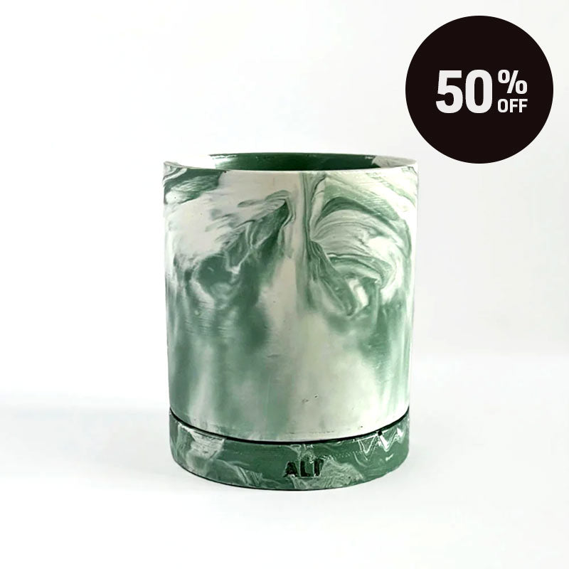 Moss Green and white marbled plant pot with drainage and a water tray with 'ALP' branding on a light gray background with "50% off" black promotion badge in the top right corner