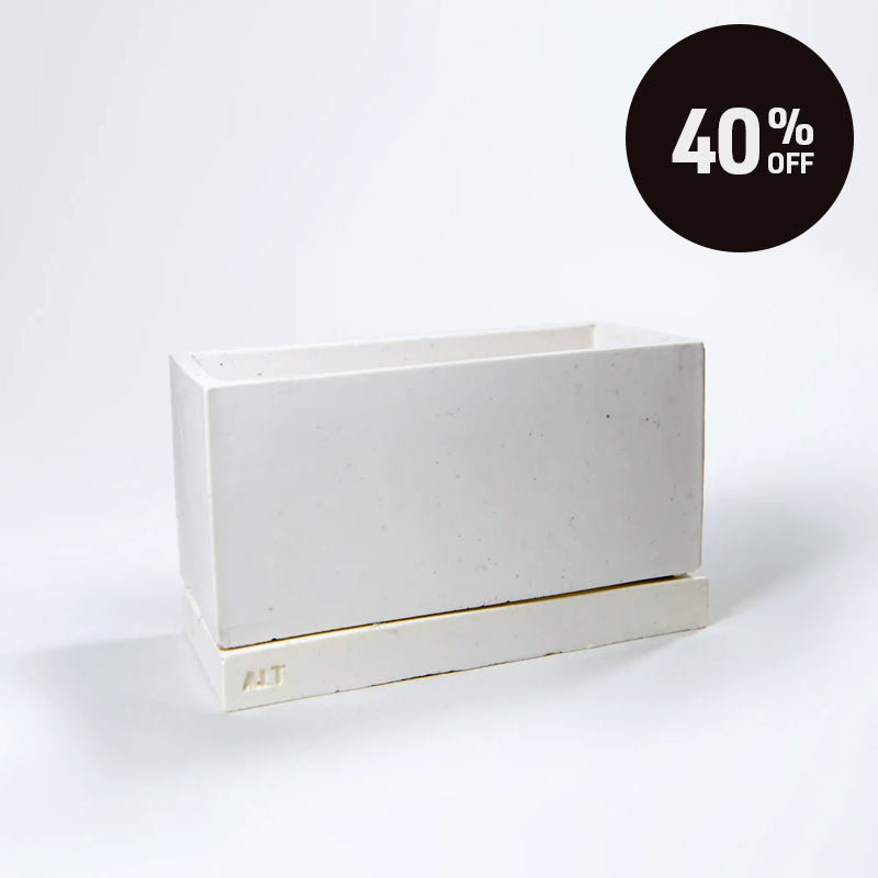 A rectangular white planter with a matching saucer base, shown on a clean white background with a black circular '40% OFF' promotional badge in the top right corner.