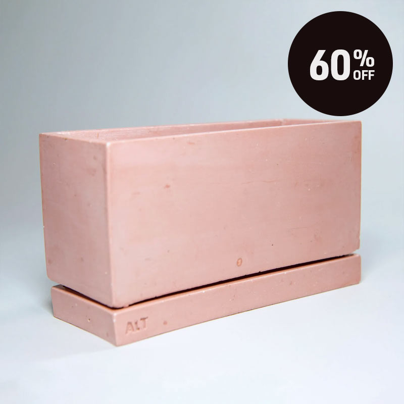 A rectangular dusty rose coloured planter pot with a matching saucer base, shown on a light grey background with a black circular '60% OFF' promotional badge in the top right corner.