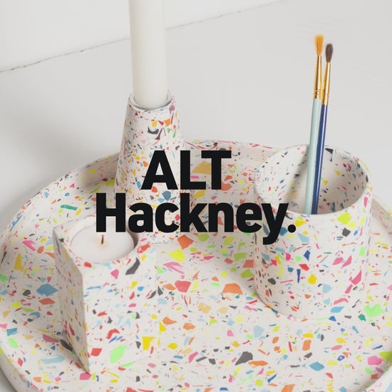 Various Large Round Rainbow Terrazzo Tray images with ALT Hackney logo
