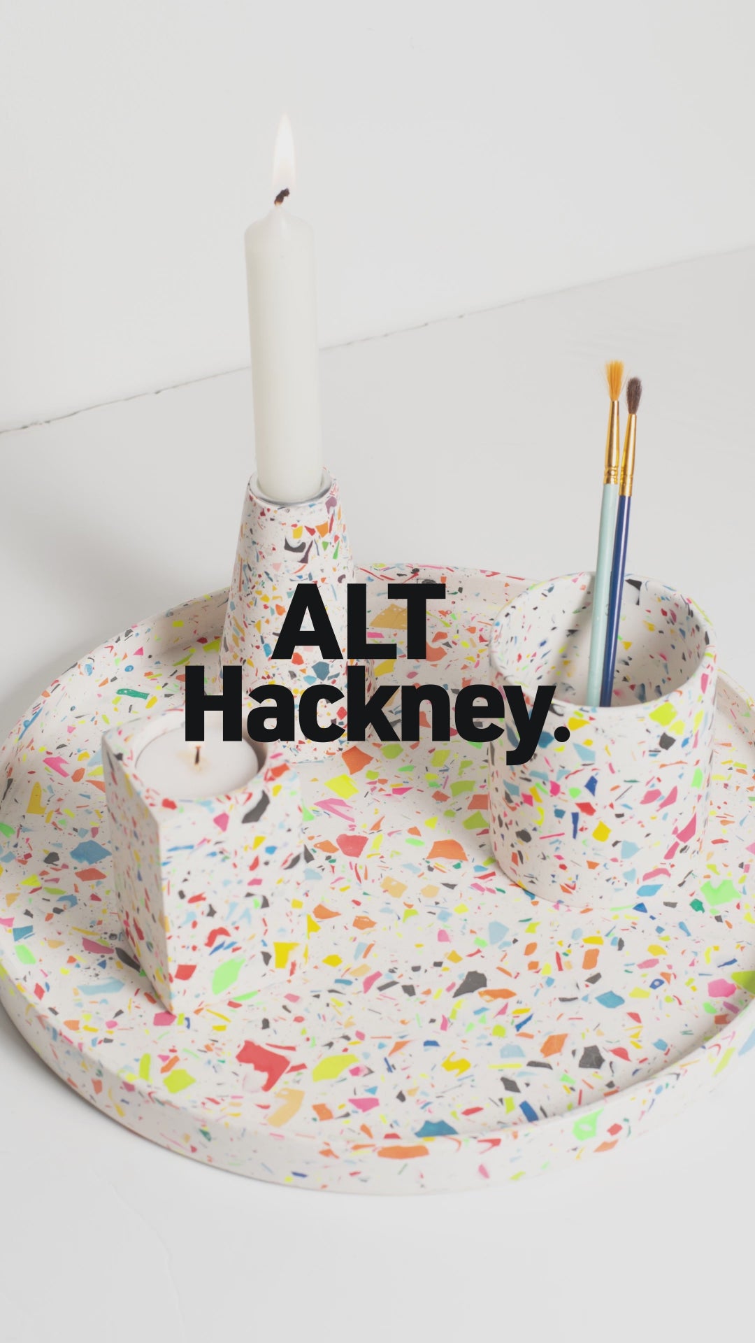 Various Large Round Rainbow Terrazzo Tray images with ALT Hackney logo