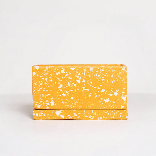 Rectangular Orange Terrazzo Plant Pot: Handmade Jesmonite Concrete Planter with Drainage and Saucer