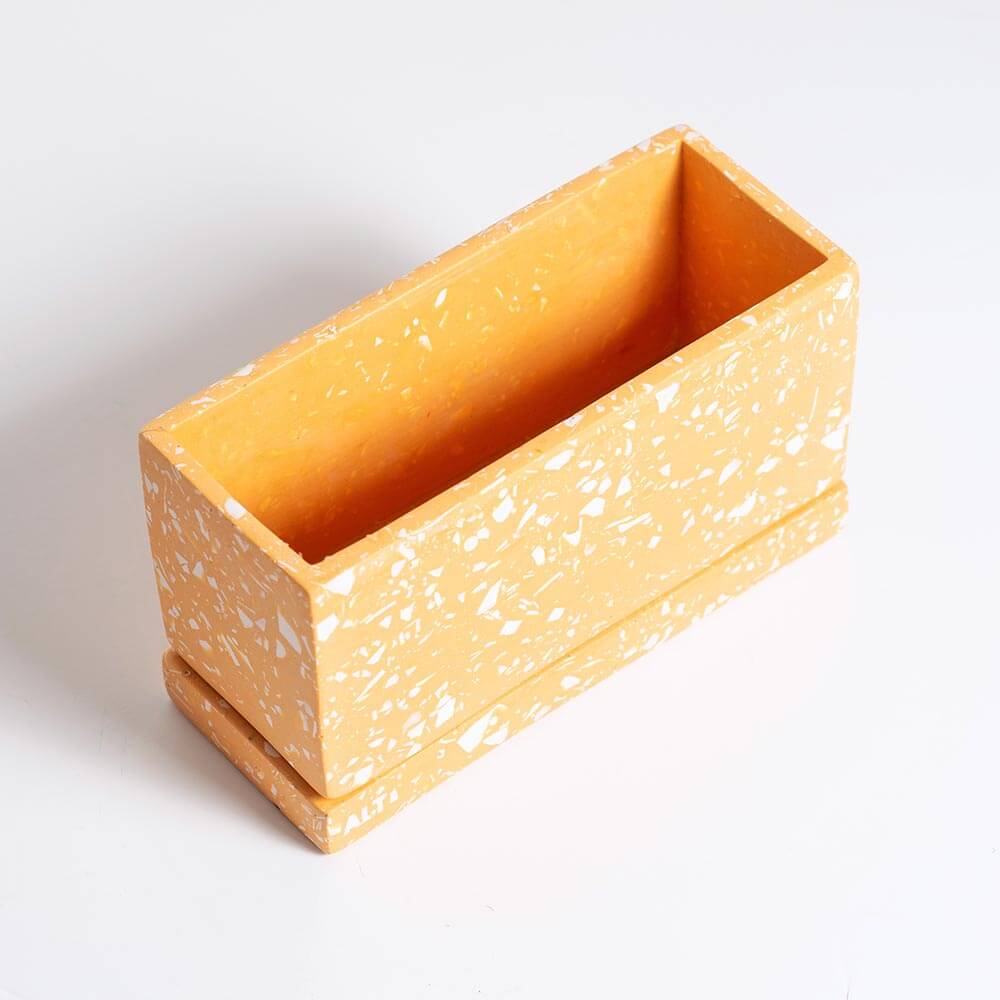 Rectangular Orange Terrazzo Plant Pot: Handmade Jesmonite Concrete Planter with Drainage and Saucer