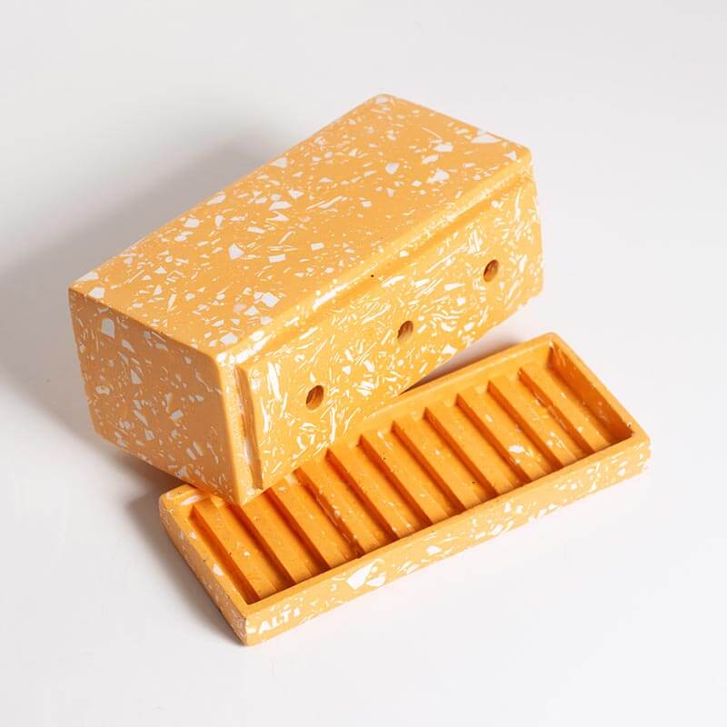 Rectangular Orange Terrazzo Plant Pot: Handmade Jesmonite Concrete Planter with Drainage holes and Saucer