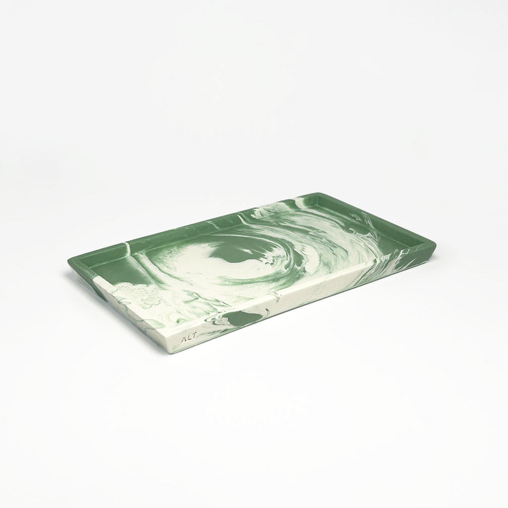 Small Rectangular moss green and white marbled tray on a light gray background