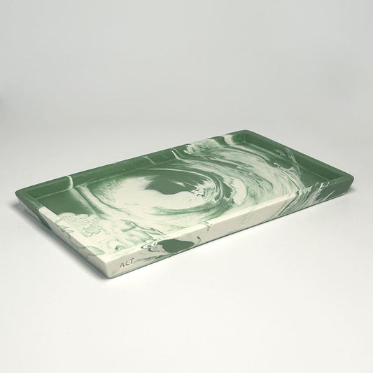 Small Rectangular moss green and white marbled tray on a light gray background