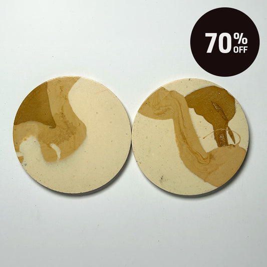 Two round coasters with a beige and brown fluid art design, displayed on a light gray background with a black '70% OFF' promotional badge in the top right corner.
