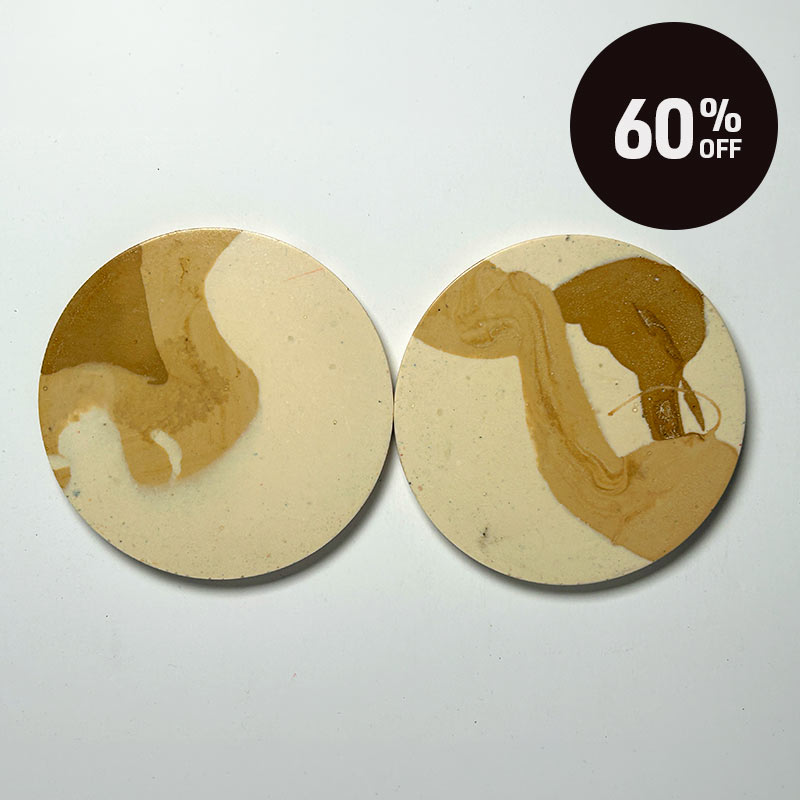 Two round coasters with a beige and brown fluid art design, displayed on a light gray background with a black '60% OFF' promotional badge in the top right corner.
