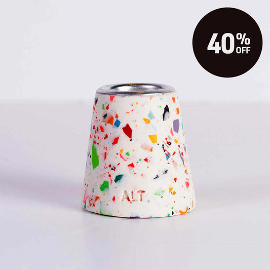 A white and rainbow terrazzo patterned taper candle holder with a silver-toned top, shown on a white background with a black '40% OFF' promotional badge in the top right corner.