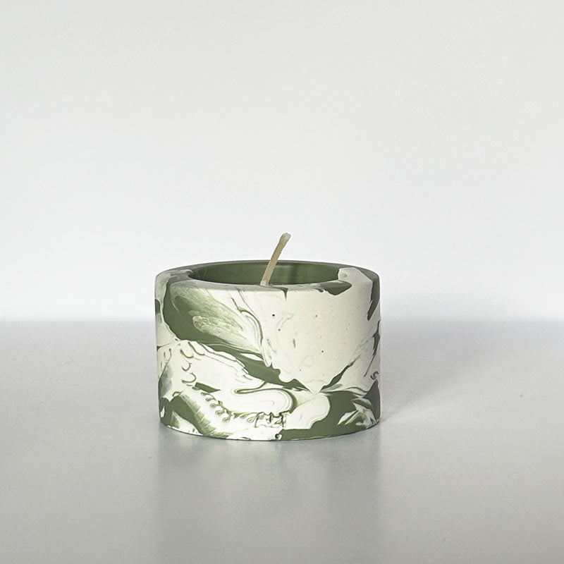 Moss Green Marble Jesmonite Tea Light Holder on a white background